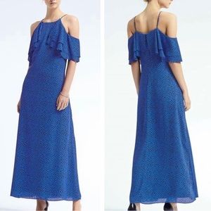 Banana Republic Cold-Shoulder Ruffle Maxi Dress Cobalt Blue Print